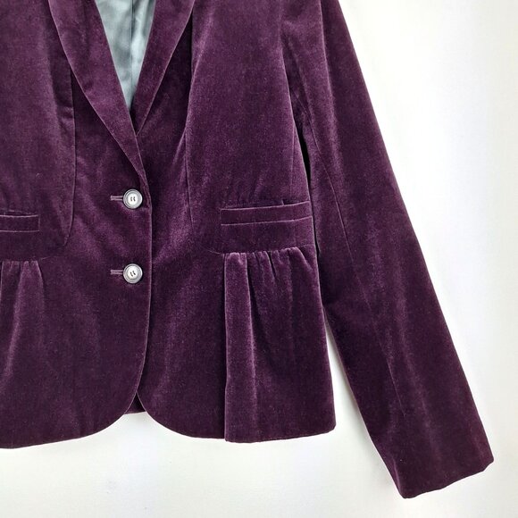 J Crew Velvet Ruched Peplum Back Button Front Blazer, Size 8. Eden Purple Jacket - Picture 5 of 13